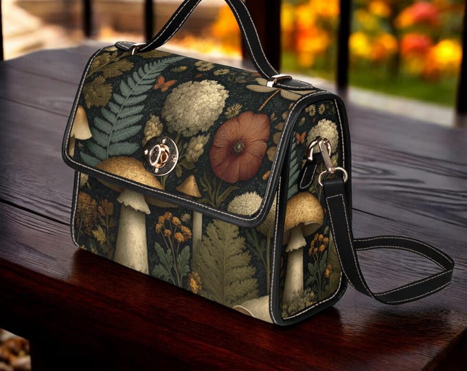 Green Mushroom Cottagecore Canvas Satchel bag, cottagecore forest women purse, cute vegan leather strap hand bag boho bag, hippies boho gift