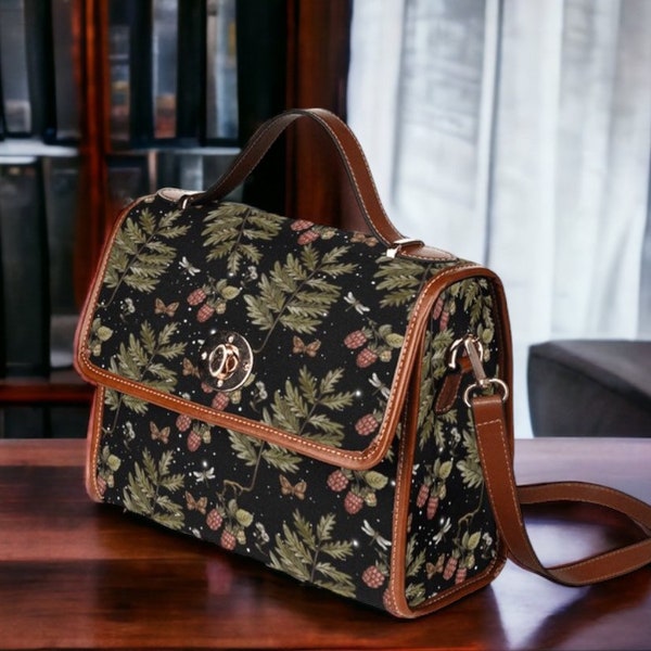 Cottagecore Raspberry Starry forest crossbody Messenger Bag, Canvas Satchel bag with Vegan Leather Trims, Cute goth shoulder purse