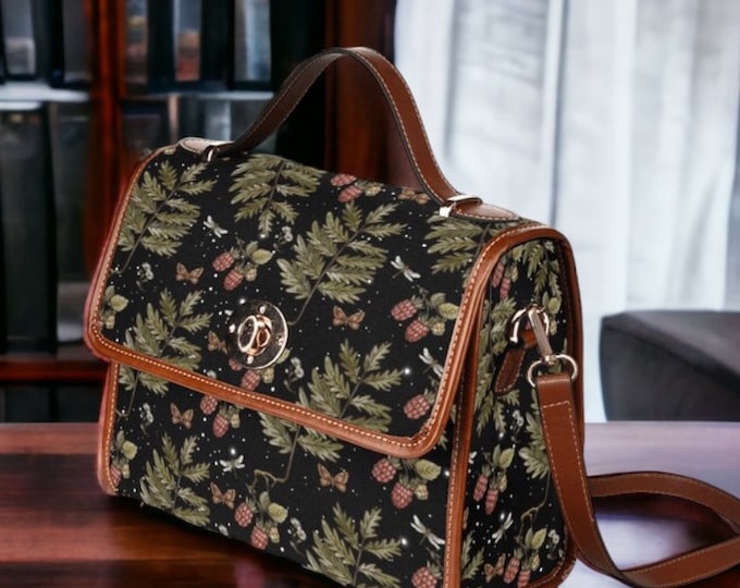 Cottagecore Raspberry Starry forest crossbody Messenger Bag, Canvas Satchel bag with Vegan Leather Trims, Cute goth shoulder purse