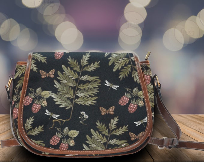Boho Cottagecore Vegan leather Strap saddle bag, Forest witch crossbody cute PU leather shoulder bag, goth bag, dark kawaii goth purse gift