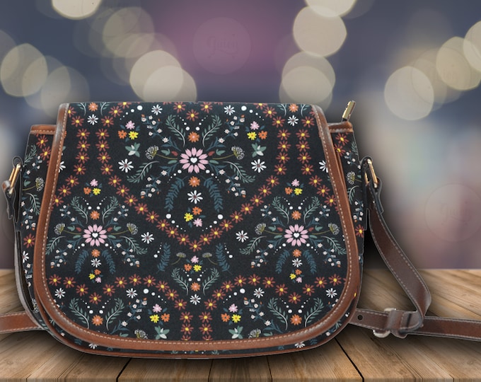 Boho Cottagecore Vegan leather Flower saddle bag, heart shaped flowers crossbody PU leather shoulder bag, cottagecore dress matching bag