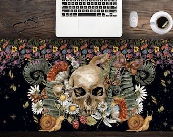 Dark Cottagecore Floral Skull desk mat, Witchy mushroom gaming mousepad, Forest extended mousepad, gamer desk setup, tarot desk mat snails