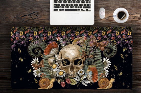 Dark Cottagecore Floral Skull desk mat, Witchy mushroom gaming mousepad, Forest extended mousepad, gamer desk setup, tarot desk mat snails