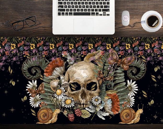 Dark Cottagecore Floral Skull desk mat, Witchy mushroom gaming mousepad, Forest extended mousepad, gamer desk setup, tarot desk mat snails