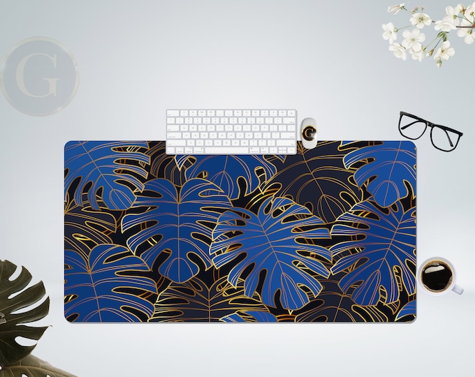 Blue Monstera Extra Large Desk Mat with Multiple Size Options, Home Office Desk Decor, Gift For Coworker, Extended Mouse Pad, Desk Decor