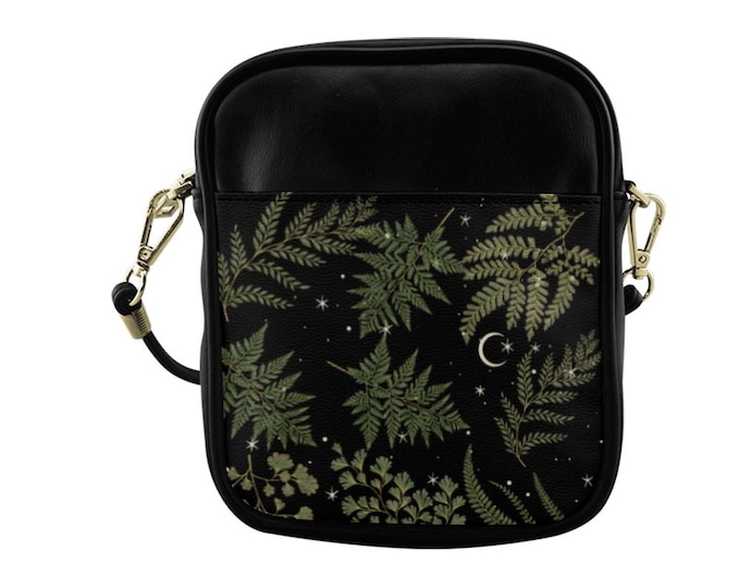Boho Fern Forest Sling Bag, Leather Sling Crossbody Bag, Cottagecore Shoulder Forest Purse, Celestial Forest Leather Sling bag, Boho Hippies