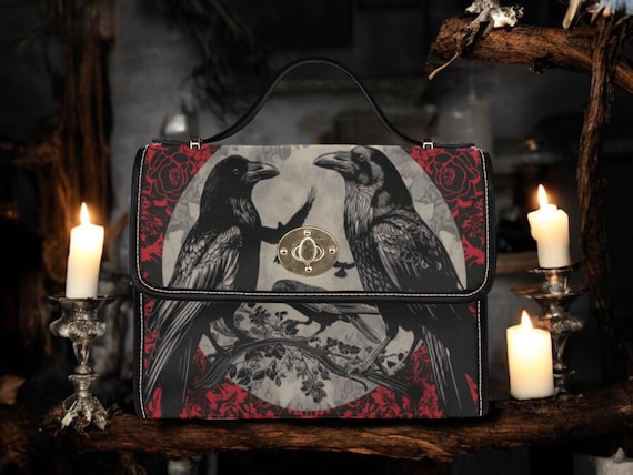 Dark Witchy Crows Canvas Satchel bag, Whimsy Witchy Crows Handbag, cute women dark academia crossbody purse, vegan leather halloween bag