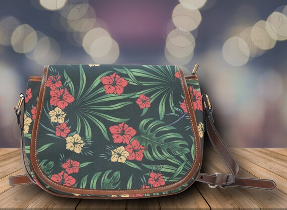 Cottagecore Green Leaves Floral Vegan leather saddle bag, botanical crossed body purse women, cute hand bag, hippies boho gift