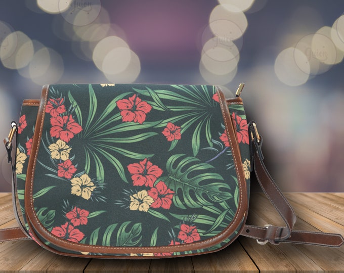 Cottagecore Green Leaves Floral Vegan leather saddle bag, botanical crossed body purse women, cute hand bag, hippies boho gift