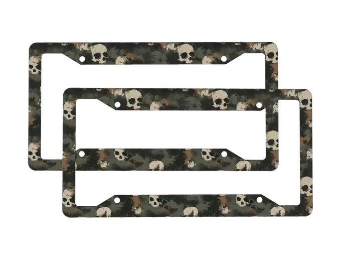 Green Camo Skull License Plate Frame, Custom Camouflage Car Accessory, Military Goth Auto Decor, Rustproof Aluminum Tag Holder