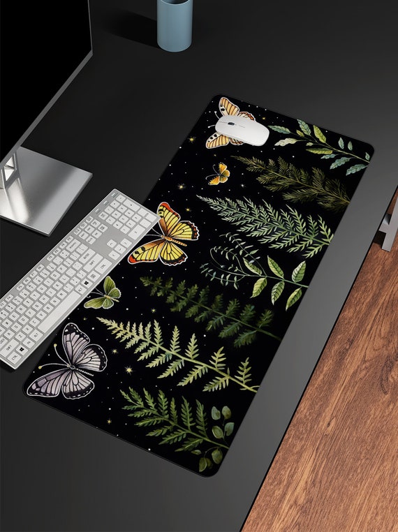 Ferns and Butterflies Black Large Desk Mat, Cottagecore Desk Pad, Botanical Desk Blotter, Desk Protector, Computer Mat, Witchy Desk Mat