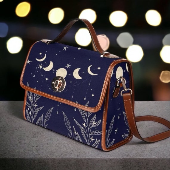 Cottagecore moon Canvas Satchel bag, Cute women navy moon crossed body purse, cute vegan leather strap hand bag goth bag, hippies boho gift