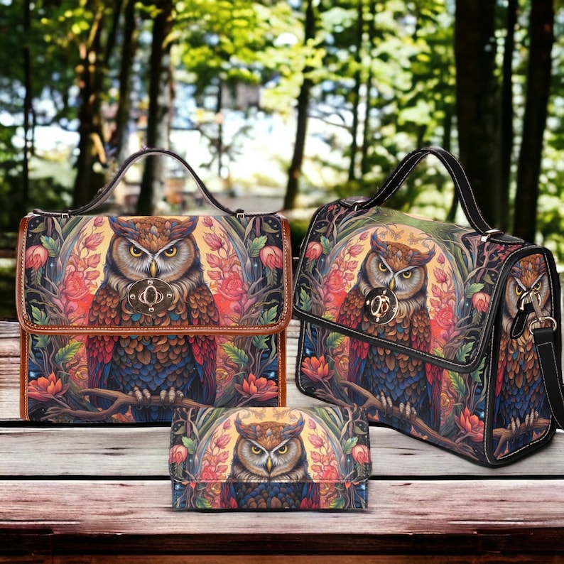 Magical Owl Dark academia canvas satchel bag, Witchy Dark Cottagecore Whimsy goth Black poetic Vegan leather trim crossbody messenger bag image 3