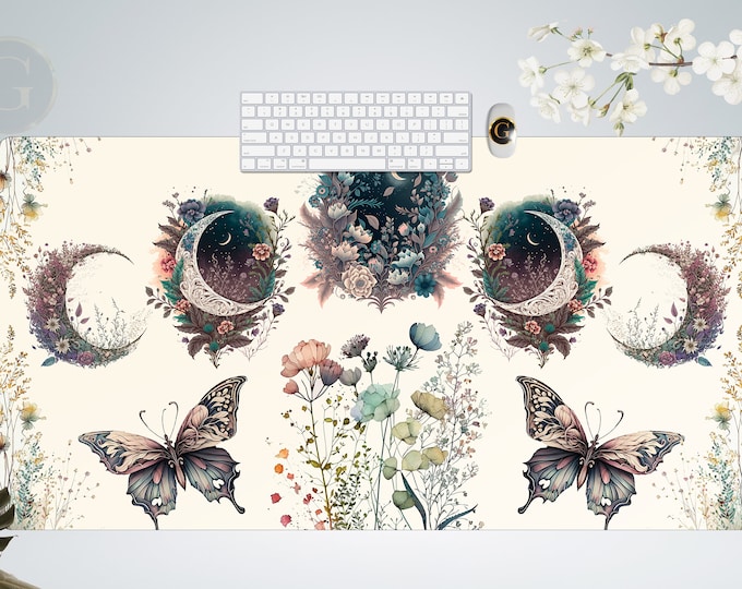 Beige Celestial Crescent Desk Mat - Moon Phases, Art Nouveau Witch Aesthetic, Beige Dark Academia, Cottagecore Floral Moon Mousepad Gift