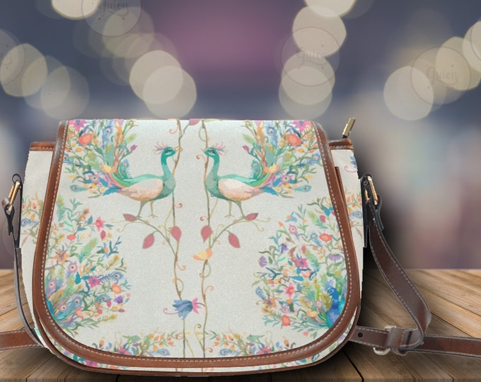 Cute Peacock Background Beige Boho Saddle Bag, Cute Crossbody Purse, Beige Purse For women, Mother’s Day gift, Beige Boho Handbag