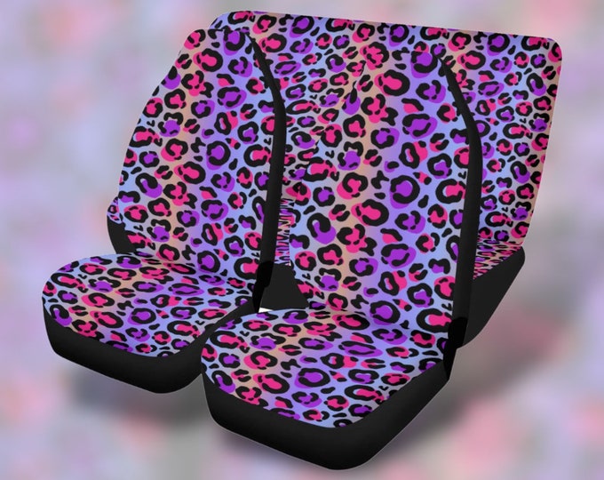 Purple Leopard Skin Print Car Seat Covers, Cottagecore Cute Animal skin colorful Front Bucket Seat Cover For Car Vehicle, Nature seat cover