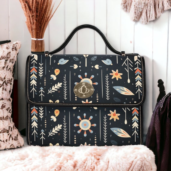 Bohemian indigenous style art Leather Strap Crossbody bag, Indigenous Native American bag, Bohemian Ethnic Shoulder Bag, Vegan Leather Strap