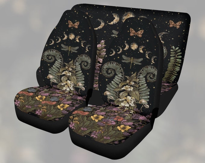 Witchy Moon Fern Boho Car Seat Cover For Women, Cottagecore Witchy Green Floral Front Bucket Seat Cover For Car Vehicle, Nature seat cover