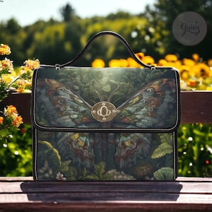 Sac cartable en toile vert papillon sorcière Cottagecore foncé, sac à main croisé bohème gothique pour femmes mignonnes, sac à main avec bandoulière en cuir, sac de sorcière bohème