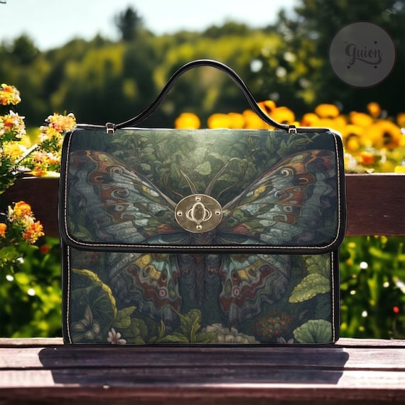 Dark Cottagecore Witch Butterfly Green Canvas Satchel bag, Cute women goth boho crossed body purse, leather strap hand bag, boho witch bag
