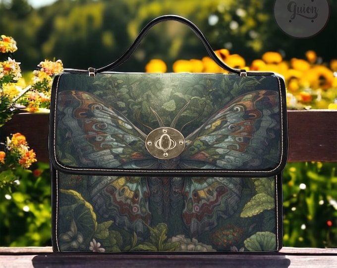 Dark Cottagecore Witch Butterfly Green Canvas Satchel bag, Cute women goth boho crossed body purse, leather strap hand bag, boho witch bag
