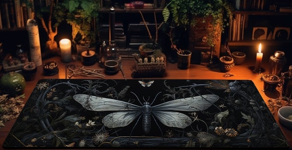 Maximalist Vintage Dark Moth desk mat, aesthetic Witchy tarot extended mouse pad, extra large gaming mousepad wrist rest