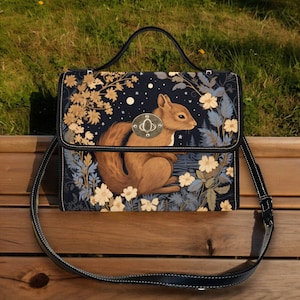 Cottagecore witch Canvas Satchel bag, Moon women Forest squirrel crossbody purse, cute vegan leather strap goth bag, hippies boho handbag