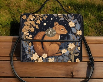 Cottagecore witch Canvas Satchel bag, Moon women Forest squirrel crossbody purse, cute vegan leather strap goth bag, hippies boho handbag