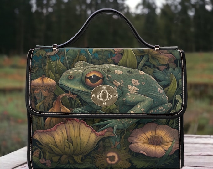 Green Frog Black Canvas Satchel bag, Whimsical moon frog purse, Vegan leather strap Dark Cottagecore handbag, vegan leather boho hippies bag