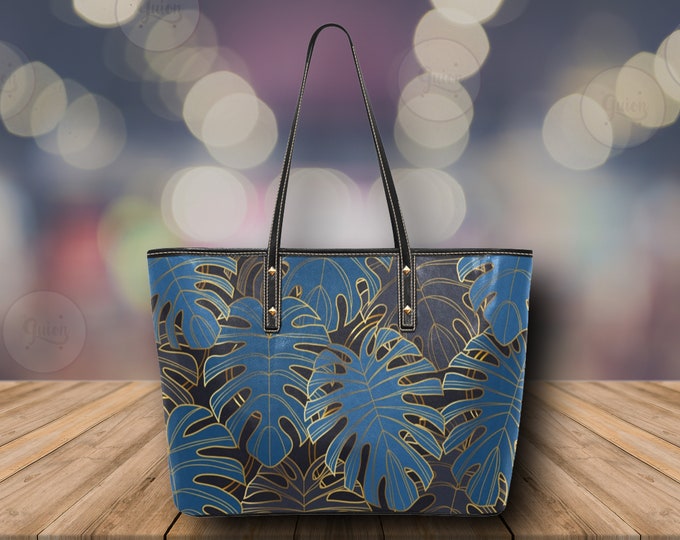 Blue monstera leaves print Cute nature Vegan leather tote bag, tropical pu leather bag, big zip tote bag for women, blue monstera purse