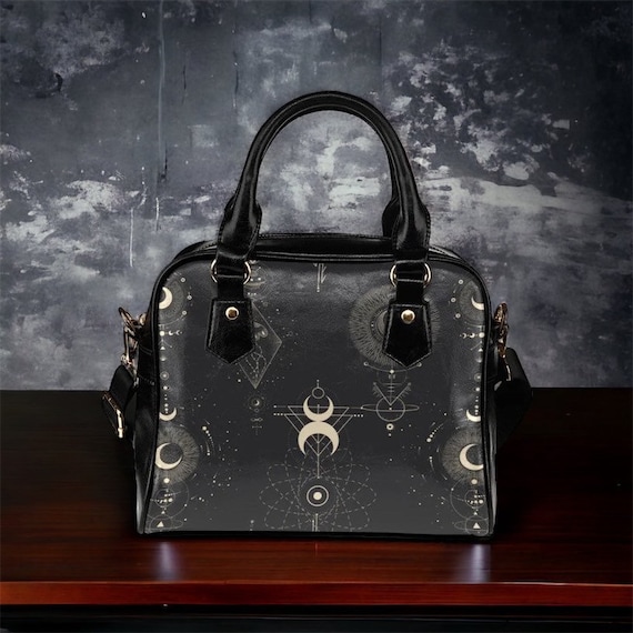 Black Kawaii Astrology Cottagecore magic Witch bowler handbag, Pagan Witch Occult aesthetic Cute PU Vegan leather shoulder strap purse bag