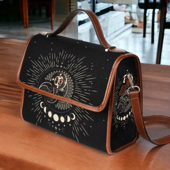 Dark Mystical Moon Phases Black Canvas Satchel Bag, Vegan Leather Strap Handbag, Witchy sun Moon Black Canvas Bag, PU Leather strap bag