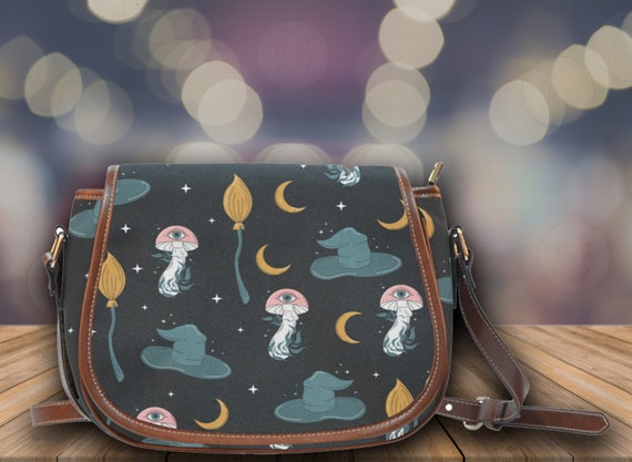 witch hat mystical eye mushroom saddle bag, Cute women witchy mushroom crossed body purse, cute vegan leather goth bag, hippies boho gift,
