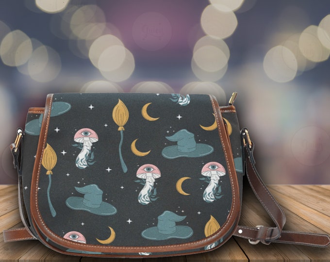 witch hat mystical eye mushroom saddle bag, Cute women witchy mushroom crossed body purse, cute vegan leather goth bag, hippies boho gift,