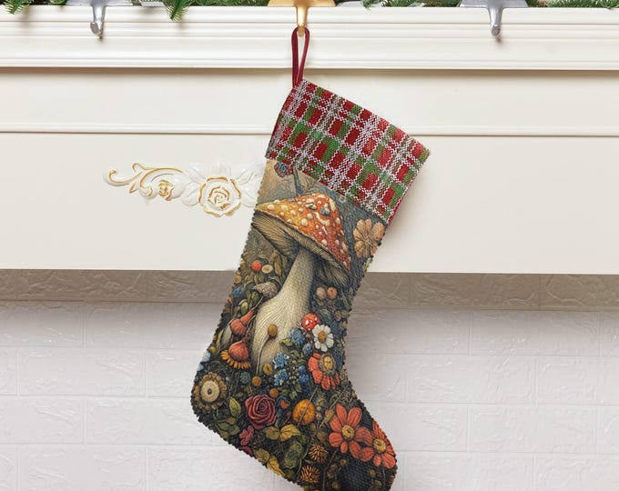 Mushroom Forest Botanical Sequin Stocking, Perfect for stuffing Santa's Gifts, Fireplace hang, Christmas gift decor, Fungi Holliday stuffer
