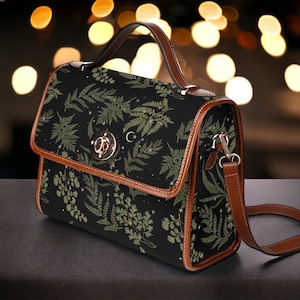 Boho Fern bos zwarte canvas tas, groene crossbody maan tas, schattige veganistische leren riem donkere Cottagecore handtas met verstelbare riem Brown