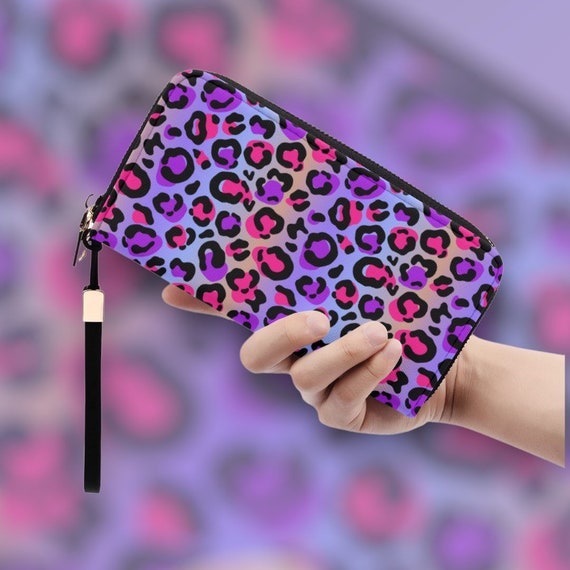 Leopard Skin Print Purple Wallet Boho Mushroom, Colorful Leopard skin print Cute Wallet for women, animal skin print purple wallet for women