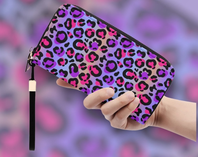 Leopard Skin Print Purple Wallet Boho Mushroom, Colorful Leopard skin print Cute Wallet for women, animal skin print purple wallet for women