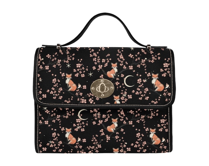 Retro Fox in the Forest Canvas Satchel bag, Cottagecore forestcore crossbody purse, cute vegan leather strap goth bag, hippies boho gift
