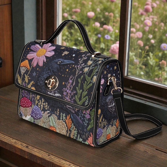 Faux-Embroidered Crow Mushroom Satchel: Vegan Leather Cottagecore Bag