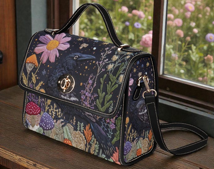 Faux-Embroidered Crow Mushroom Satchel: Vegan Leather Cottagecore Bag