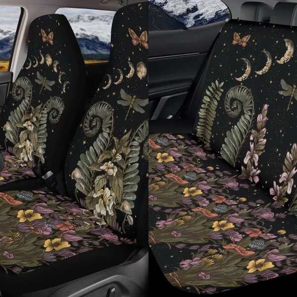 Witchy Moon Fern Boho Car Seat Cover For Women, Cottagecore Witchy Green Floral Front Bucket Seat Cover For Car Vehicle, Nature seat cover