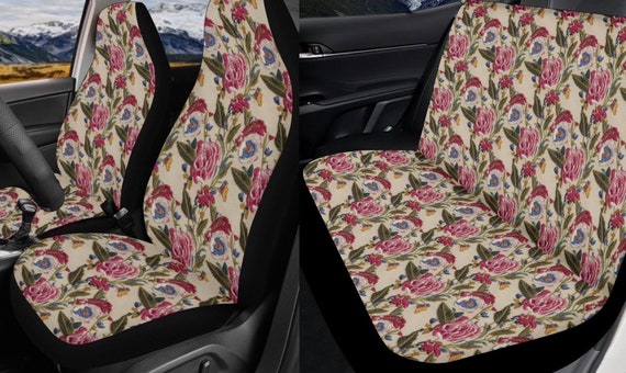 FAUX embroidery rose boho wildfloral car seat covers, cottagecore aesthetic, cute car accessories for women, high quality top-tier fabric