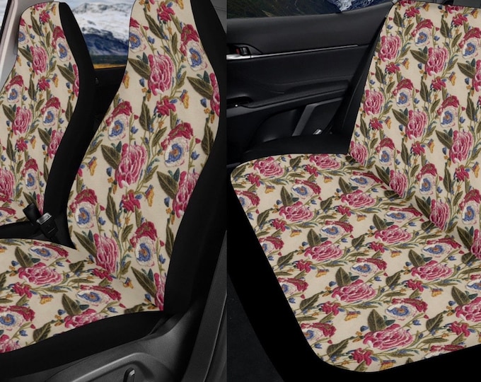 FAUX embroidery rose boho wildfloral car seat covers, cottagecore aesthetic, cute car accessories for women, high quality top-tier fabric