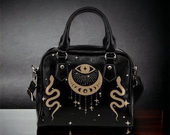 Mondphasen und Schlange Handtasche, süße Hexe PU Vegan Leder Schultergurt Tasche, Hexe Handtasche, süße kleine witchy Geldbörse, Hexe Handwerk