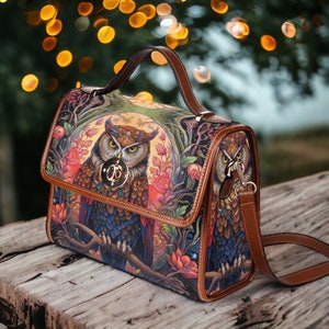 Magical Owl Dark academia canvas satchel bag, Witchy Dark Cottagecore Whimsy goth Black poetic Vegan leather trim crossbody messenger bag image 2