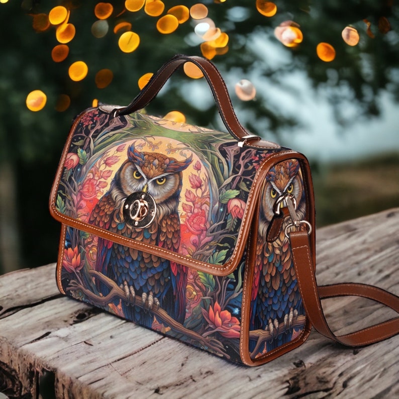 Magical Owl Dark academia canvas satchel bag, Witchy Dark Cottagecore Whimsy goth Black poetic Vegan leather trim crossbody messenger bag image 2