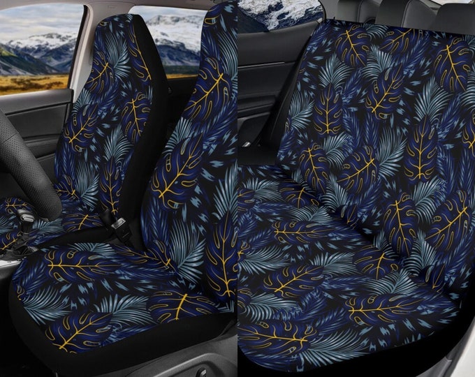 Dark Blue Monstera Car Seat Covers, Cottagecore Seat Covers for vehicle, Nature car interior decor cute car accessories gift women car decor