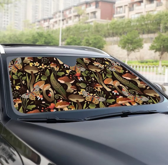 Green mushroom forest and moths Car sunshade for windshield, cottagecore nature Window Sun Blocker Boho car accessories Auto Decor Screen