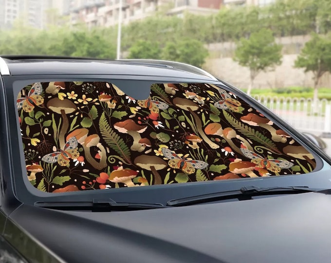 Green mushroom forest and moths Car sunshade for windshield, cottagecore nature Window Sun Blocker Boho car accessories Auto Decor Screen